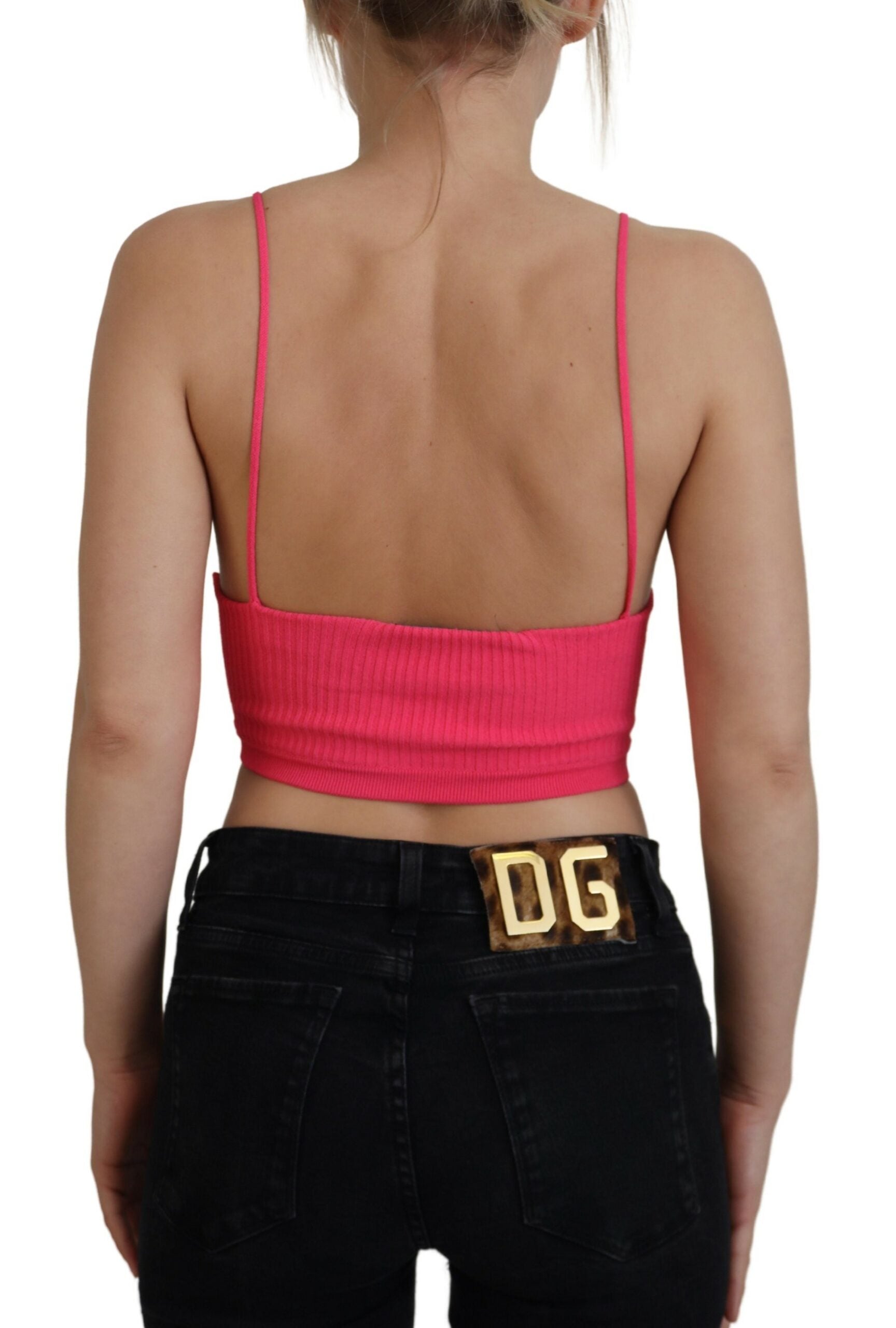 Dsquared² Pink Ribbed Knit Bra Cropped Spaghetti Strap Top