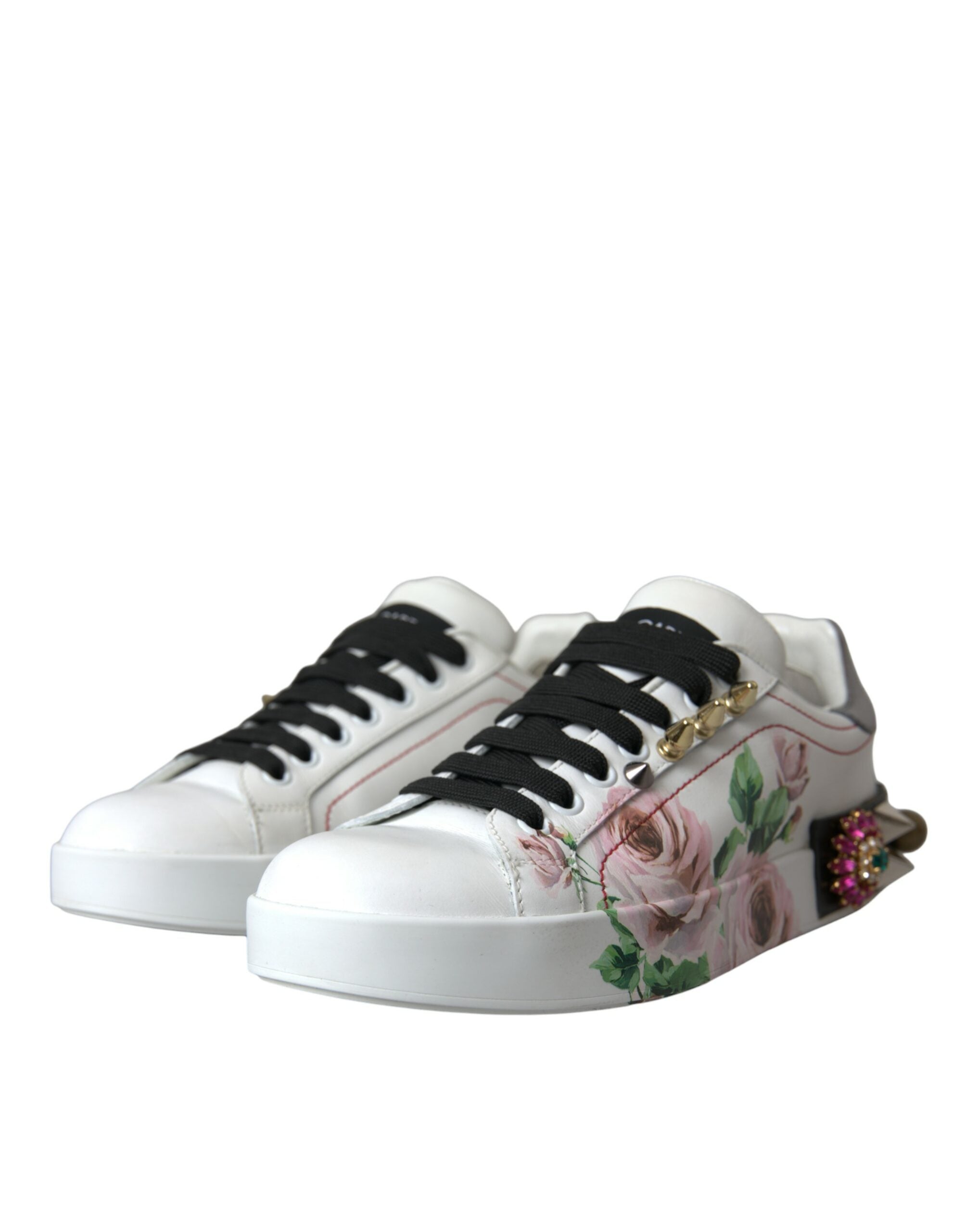 Dolce &amp; Gabbana White Leather Crystal Roses Floral Sneakers Παπούτσια