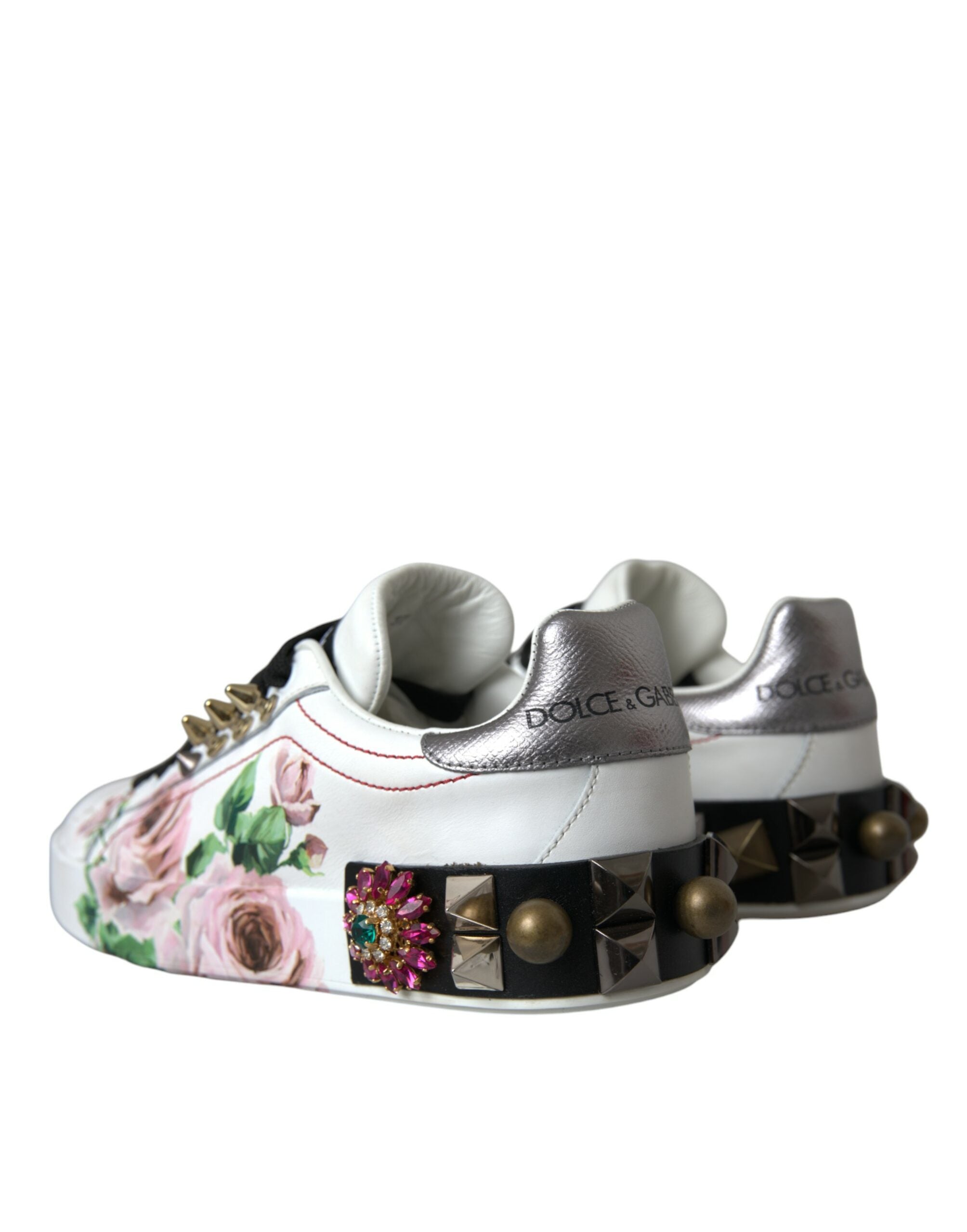 Dolce &amp; Gabbana White Leather Crystal Roses Floral Sneakers Παπούτσια