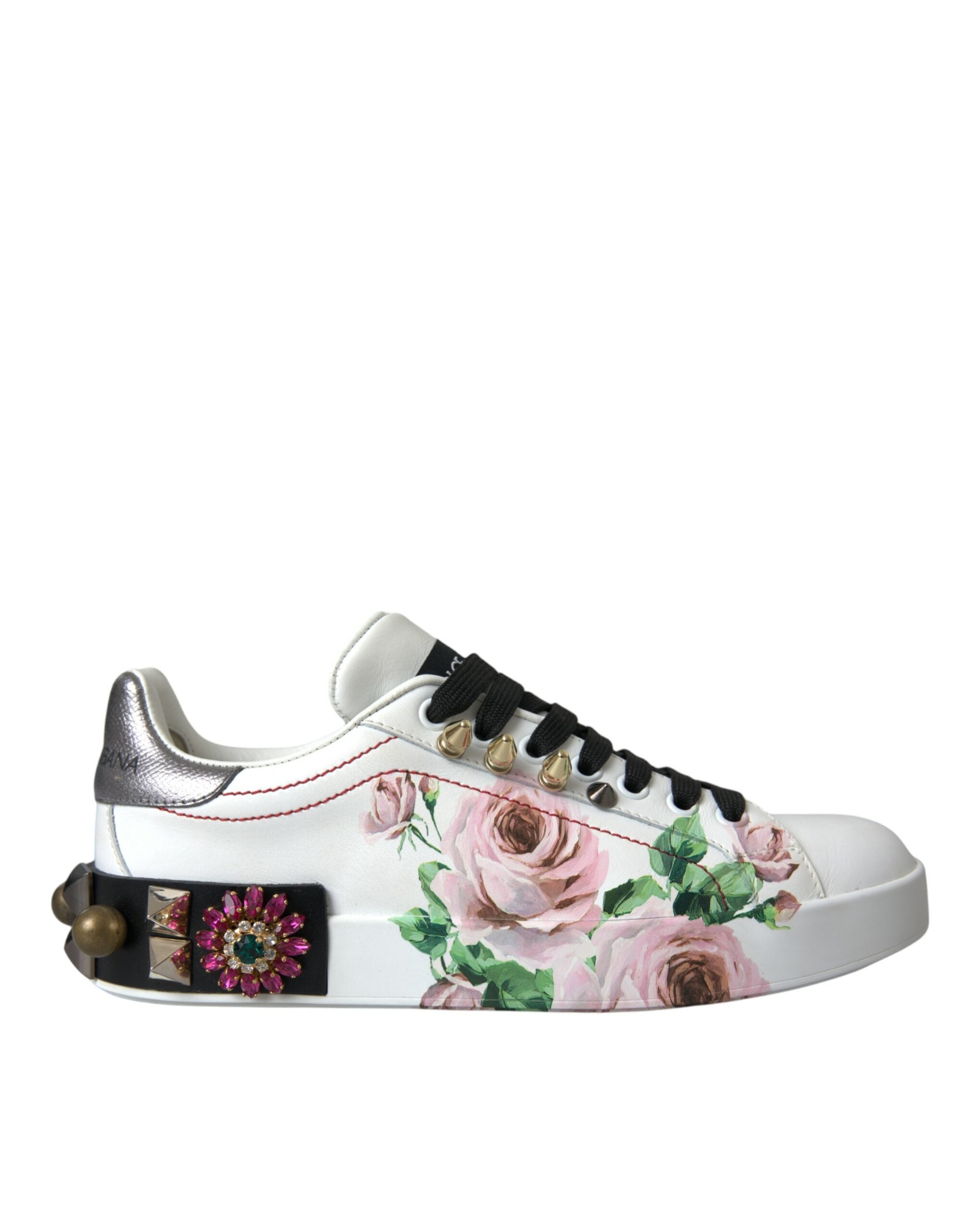 Dolce &amp; Gabbana White Leather Crystal Roses Floral Sneakers Παπούτσια