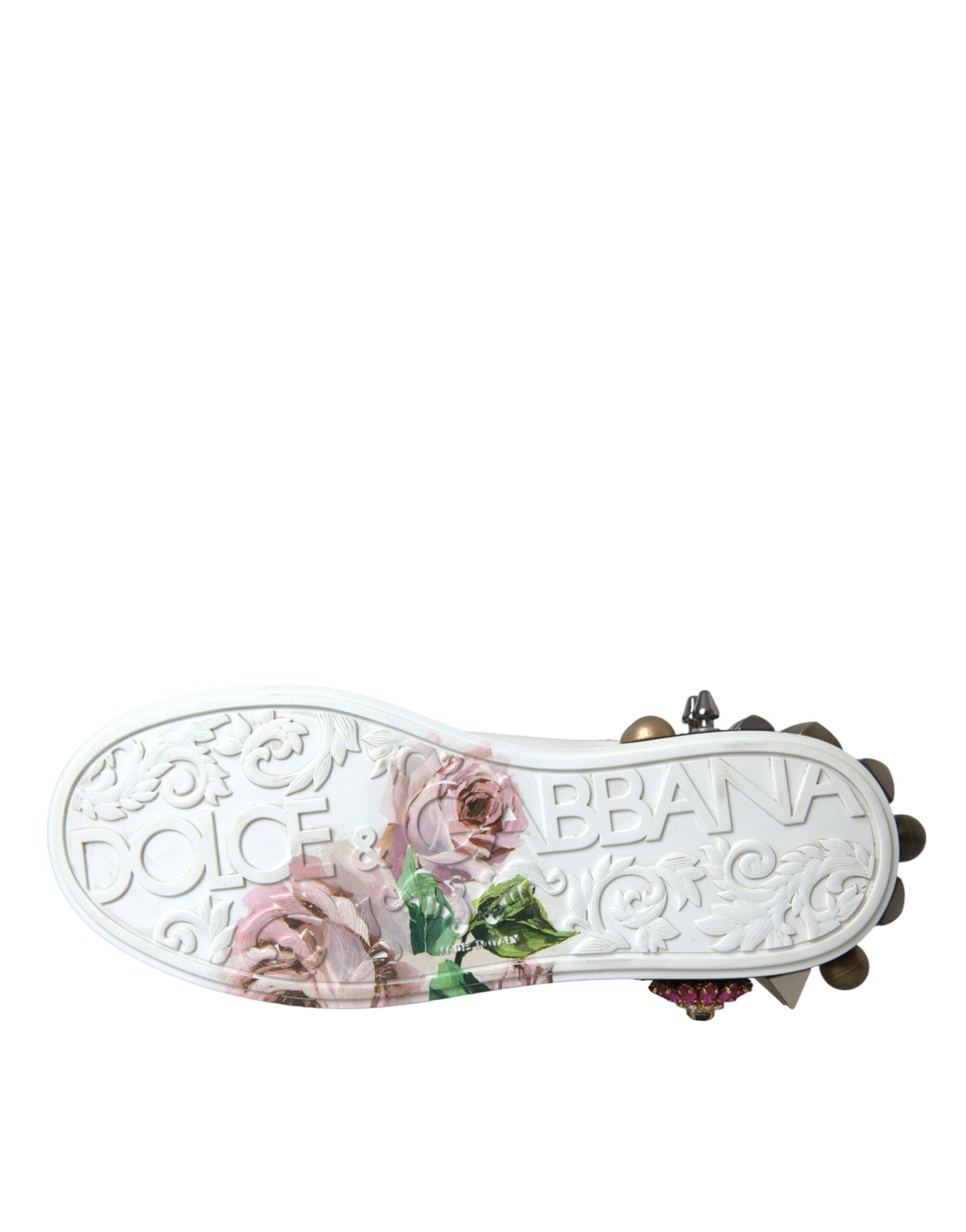 Dolce &amp; Gabbana White Leather Crystal Roses Floral Sneakers Παπούτσια