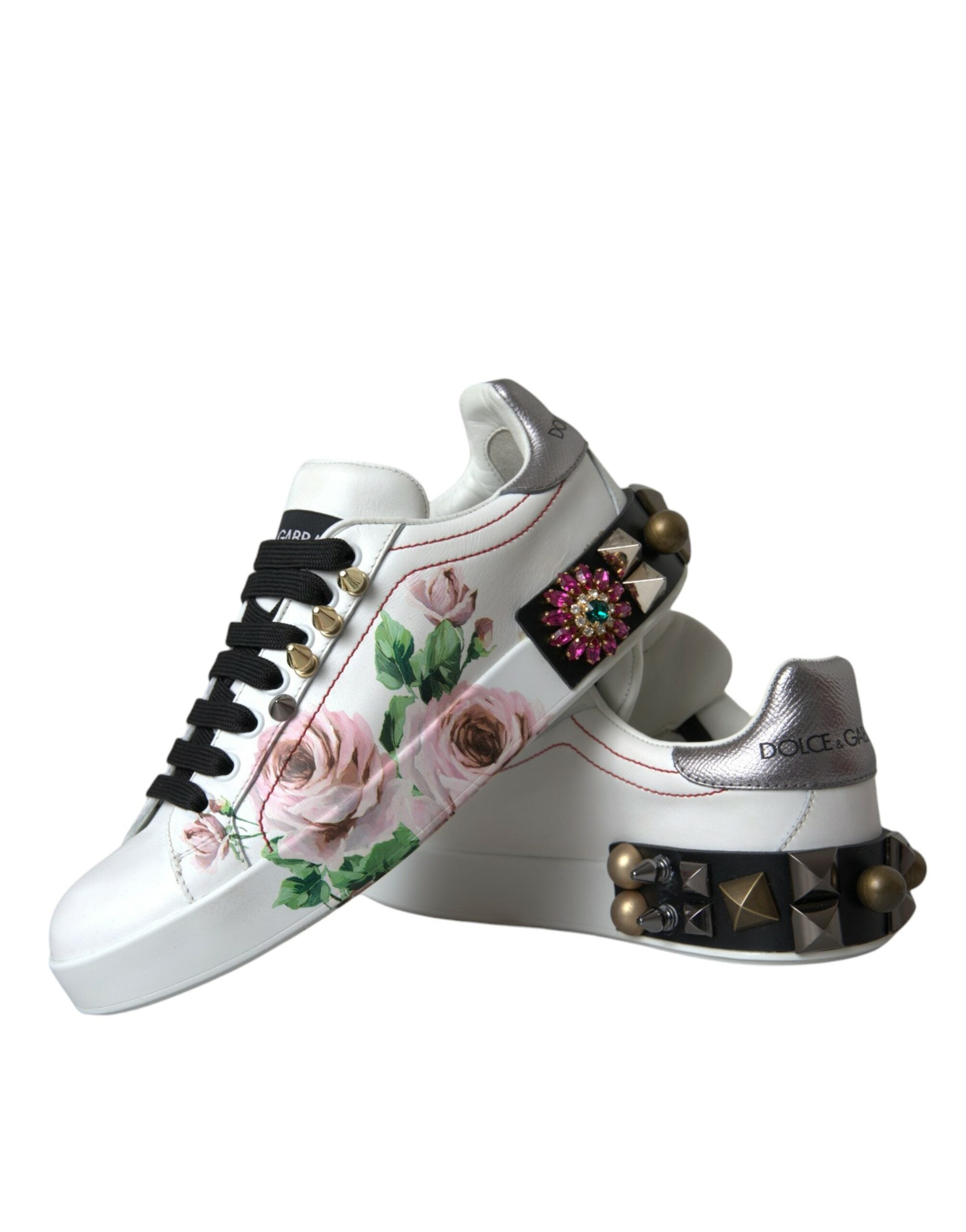 Dolce &amp; Gabbana White Leather Crystal Roses Floral Sneakers Παπούτσια