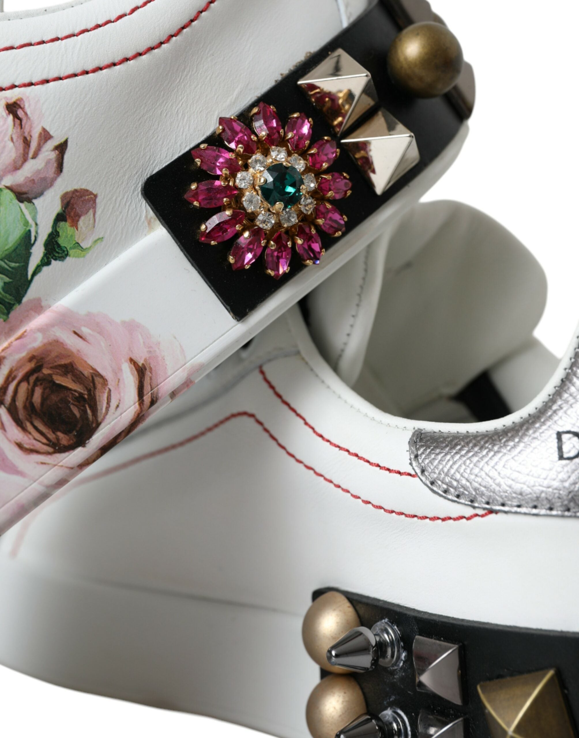 Dolce &amp; Gabbana White Leather Crystal Roses Floral Sneakers Παπούτσια