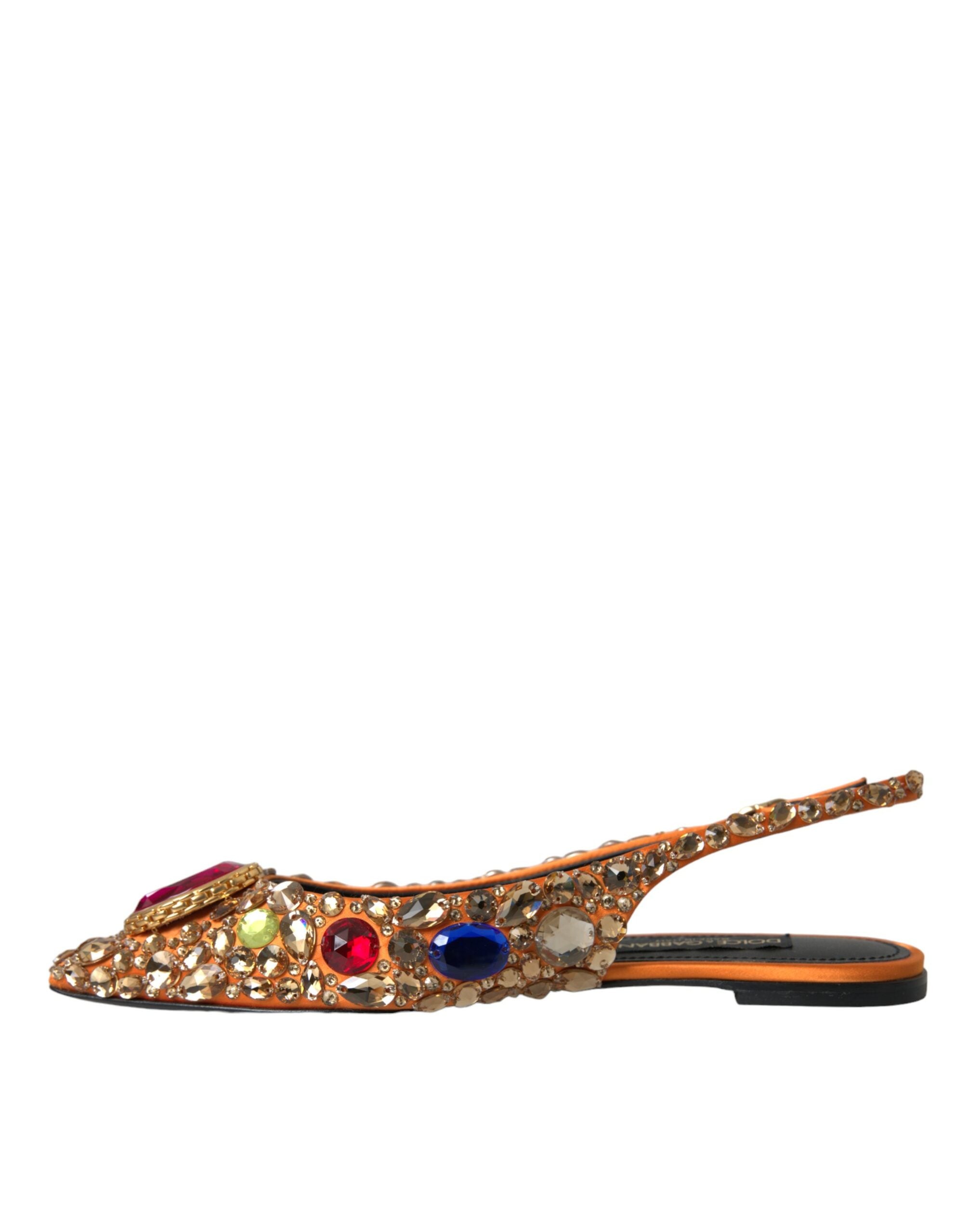 Dolce &amp; Gabbana Orange Satin Crystals Flats σανδάλια Παπούτσια