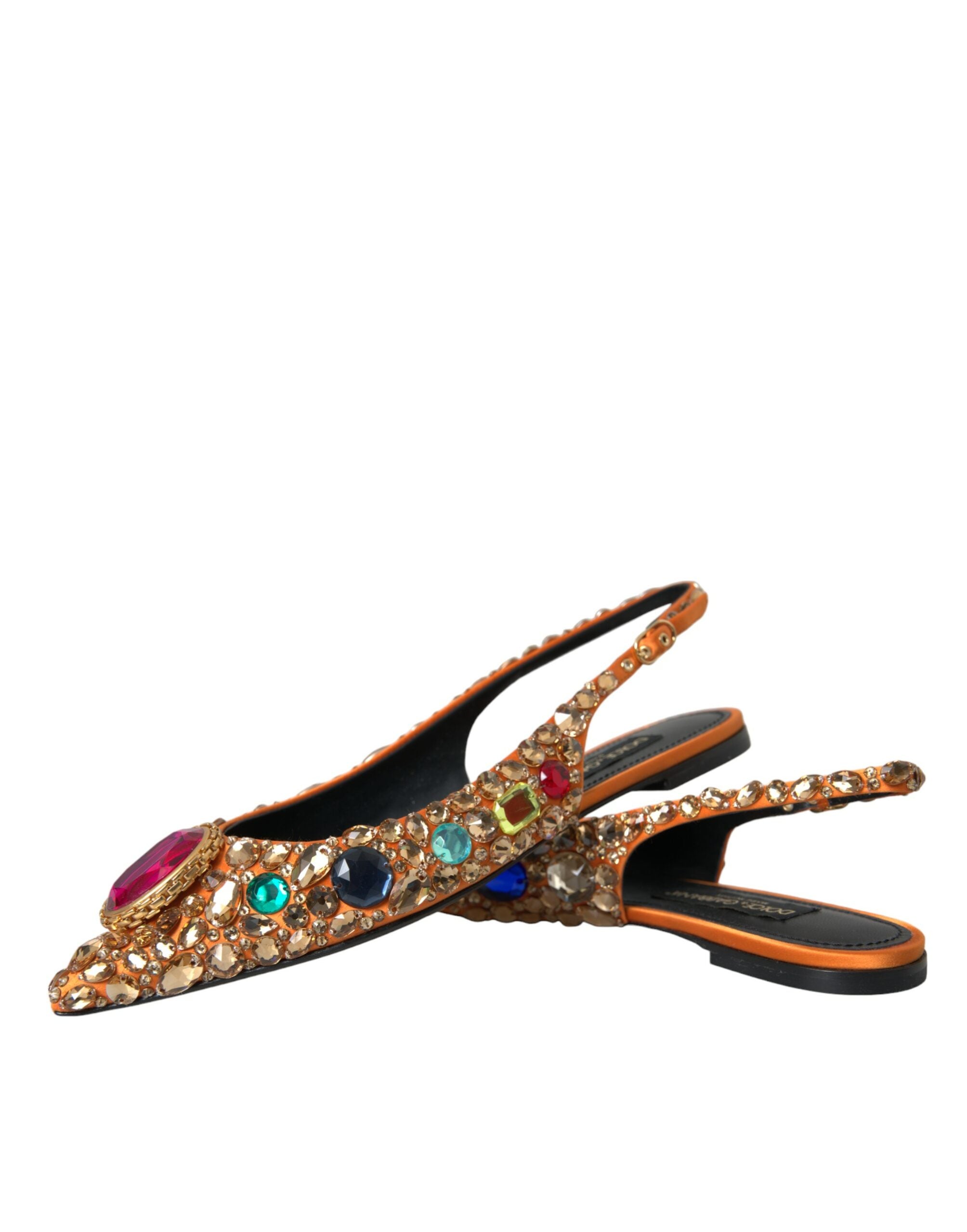 Dolce &amp; Gabbana Orange Satin Crystals Flats σανδάλια Παπούτσια