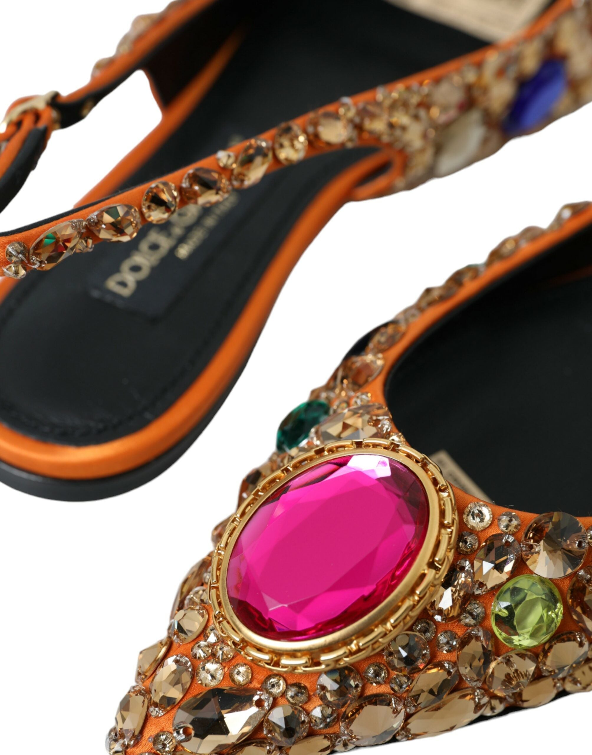 Dolce &amp; Gabbana Orange Satin Crystals Flats σανδάλια Παπούτσια