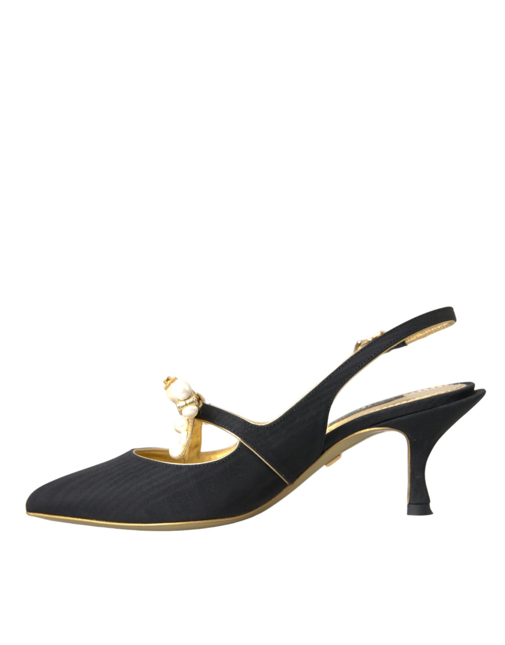 Dolce & Gabbana Black Leather Faux Pearls Slingbacks Shoes