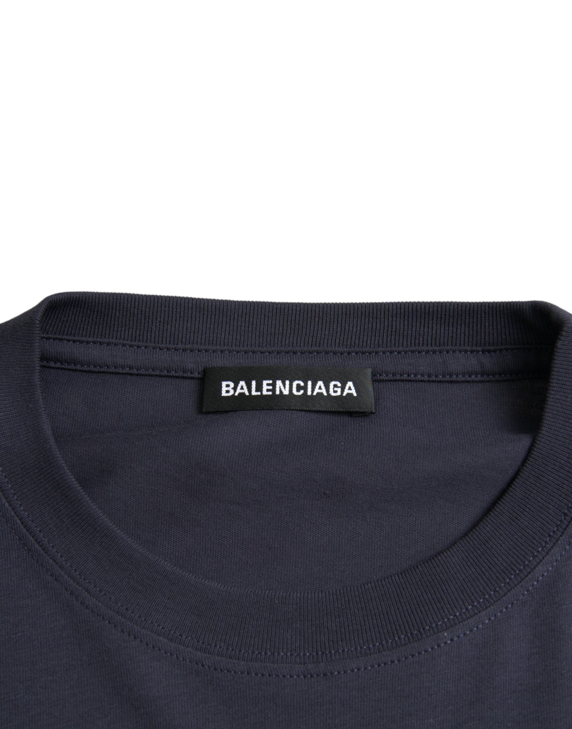 Μπλουζάκι Balenciaga σκούρο μπλε βαμβακερό λογότυπο με λαιμόκοψη με κοντό μανίκι