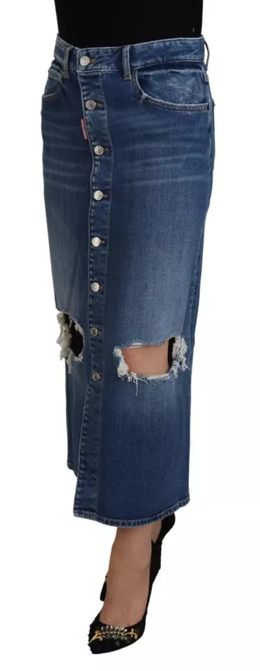 Dsquared² Blue Distressed High Waist Pencil Cut Denim Skirt