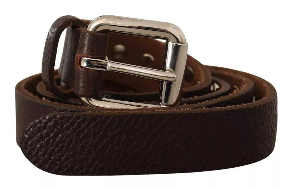 Dolce & Gabbana Brown Leather Studded Silver Metal Buckle Belt