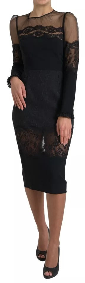 Dolce &amp; Gabbana Black Sheer Floral Lace Sheath Midi φόρεμα