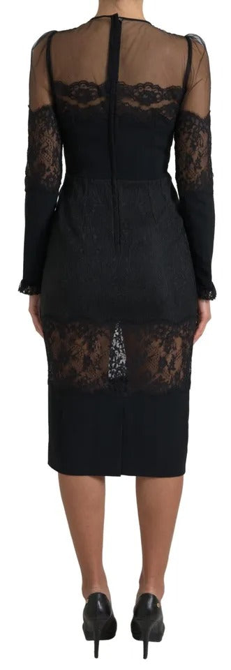 Dolce &amp; Gabbana Black Sheer Floral Lace Sheath Midi φόρεμα