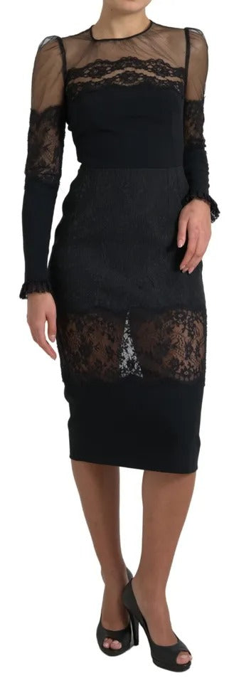 Dolce &amp; Gabbana Black Sheer Floral Lace Sheath Midi φόρεμα