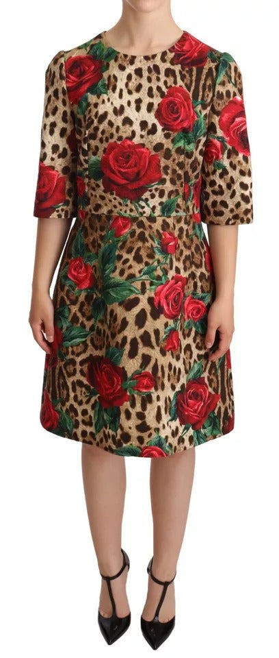 Φόρεμα Dolce &amp; Gabbana Brown Leopard Red Roses Βαμβακερό φόρεμα σε γραμμή Α