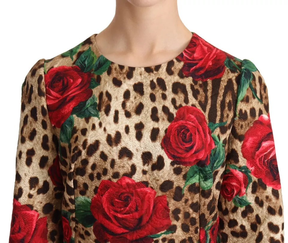 Φόρεμα Dolce &amp; Gabbana Brown Leopard Red Roses Βαμβακερό φόρεμα σε γραμμή Α