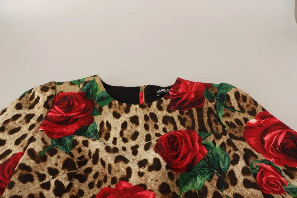 Φόρεμα Dolce &amp; Gabbana Brown Leopard Red Roses Βαμβακερό φόρεμα σε γραμμή Α