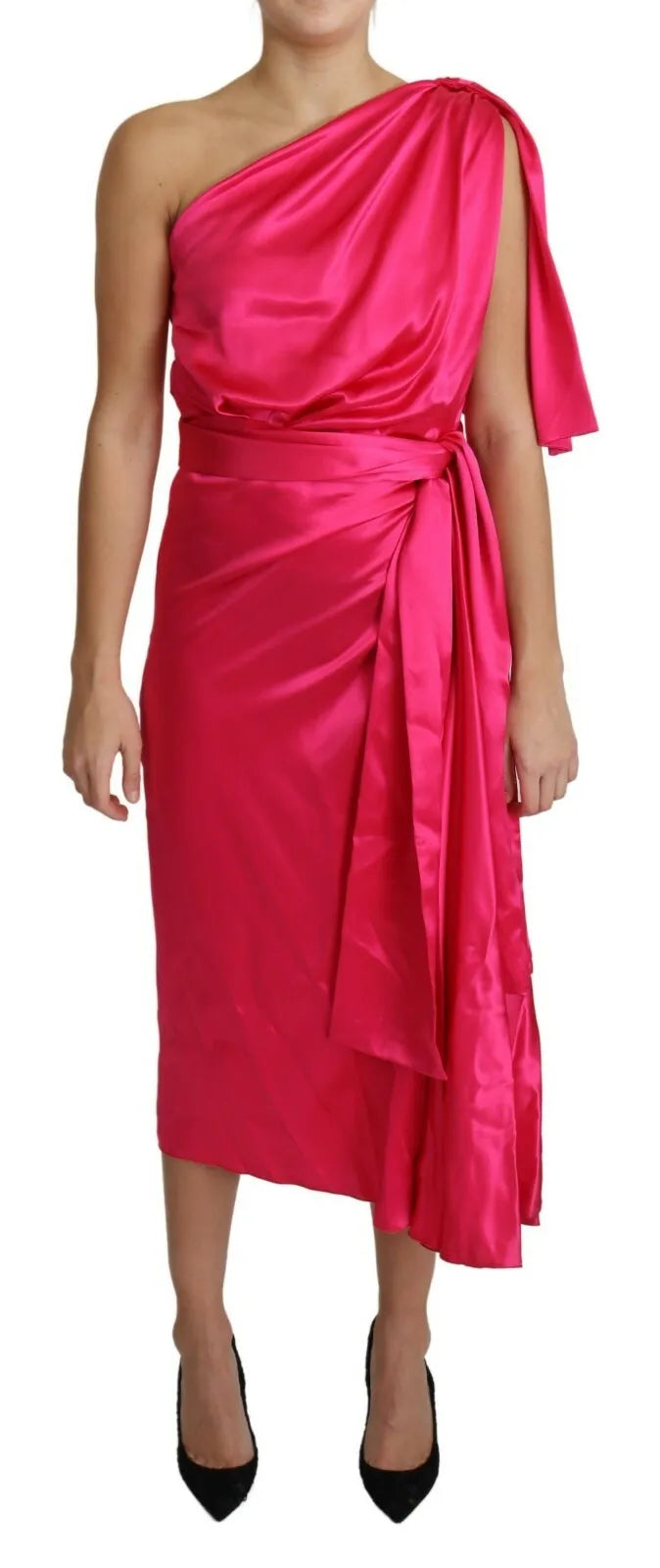 Dolce &amp; Gabbana Fuchsia Fitted Cut One Shoulder Midi φόρεμα