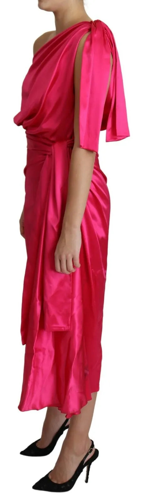 Dolce &amp; Gabbana Fuchsia Fitted Cut One Shoulder Midi φόρεμα