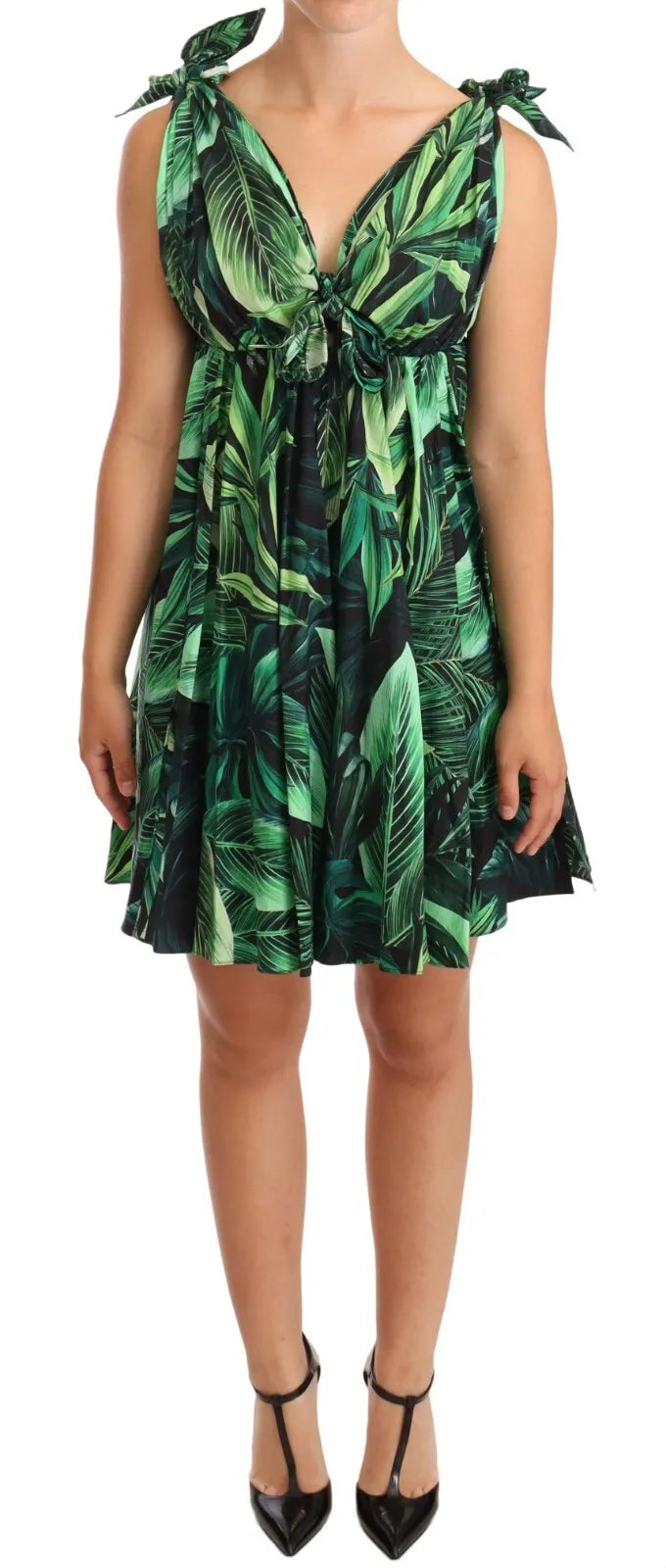 Μίνι φόρεμα Dolce &amp; Gabbana Green Leaves Print Βαμβακερό φουσκωτό