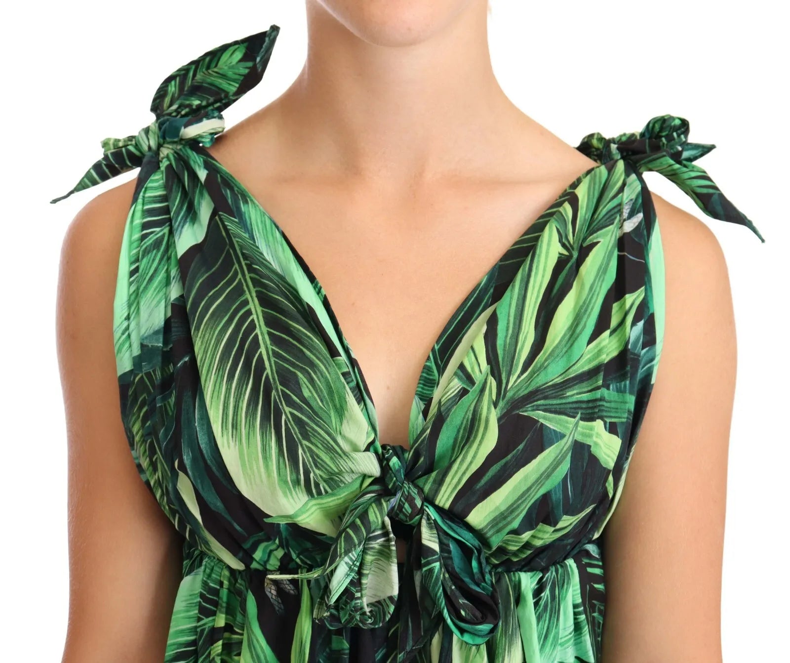 Μίνι φόρεμα Dolce &amp; Gabbana Green Leaves Print Βαμβακερό φουσκωτό