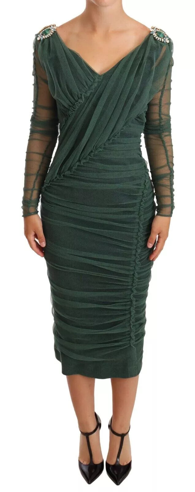 Φόρεμα Dolce &amp; Gabbana Green Ruched Stretch Crystal Midi φόρεμα