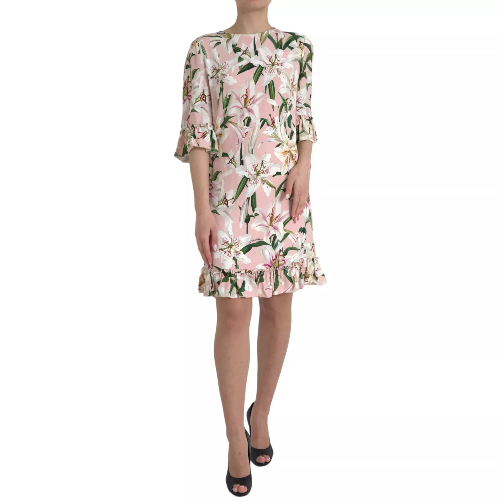 Dolce &amp; Gabbana Pink Lily Viscose Α-line Stretch Mini φόρεμα