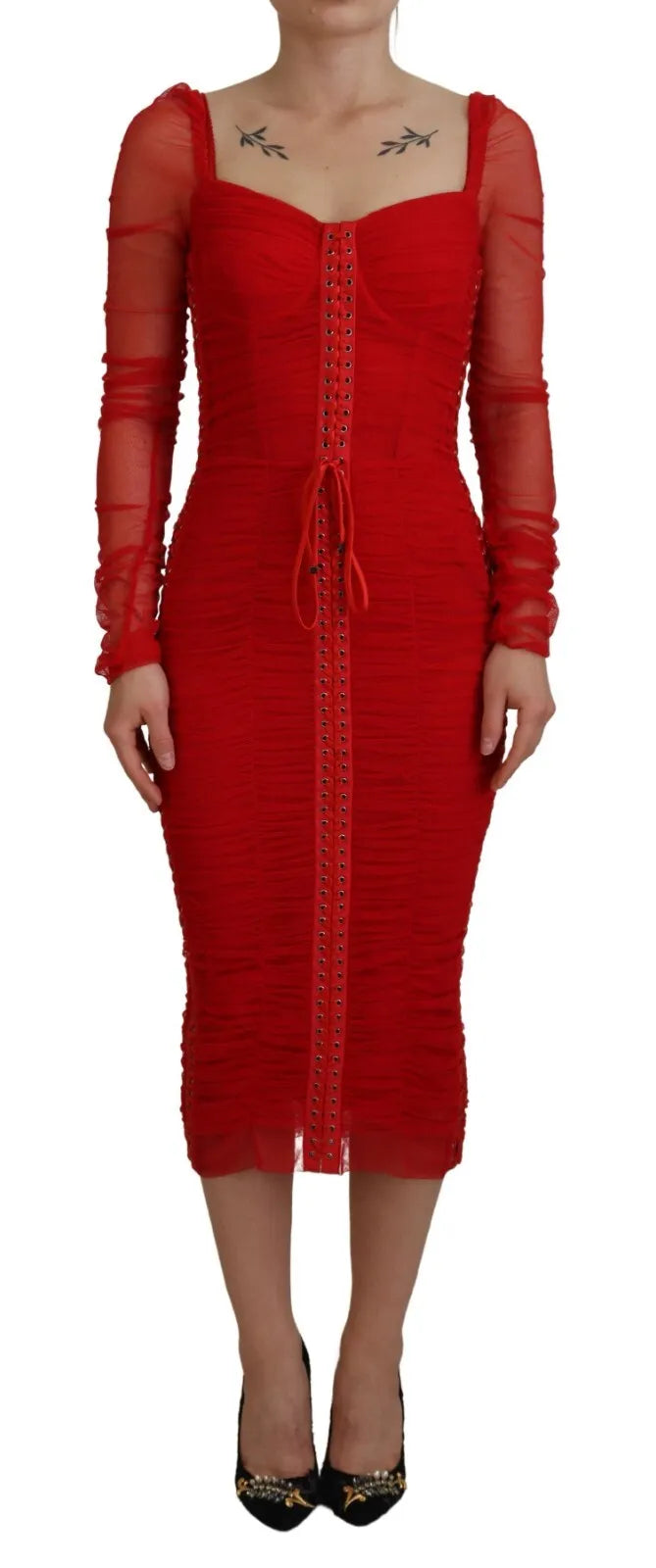 Μίντι φόρεμα με θήκη Dolce &amp; Gabbana Red Mesh Trim Bodycon Sheath