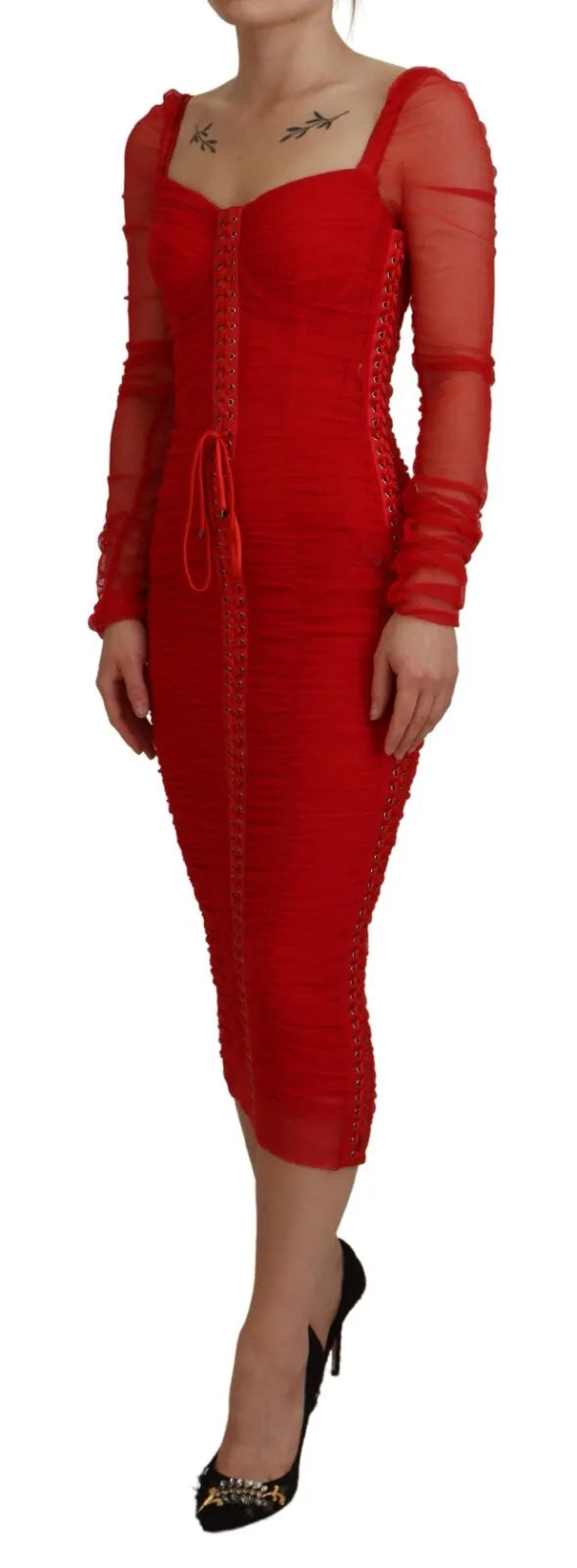 Μίντι φόρεμα με θήκη Dolce &amp; Gabbana Red Mesh Trim Bodycon Sheath