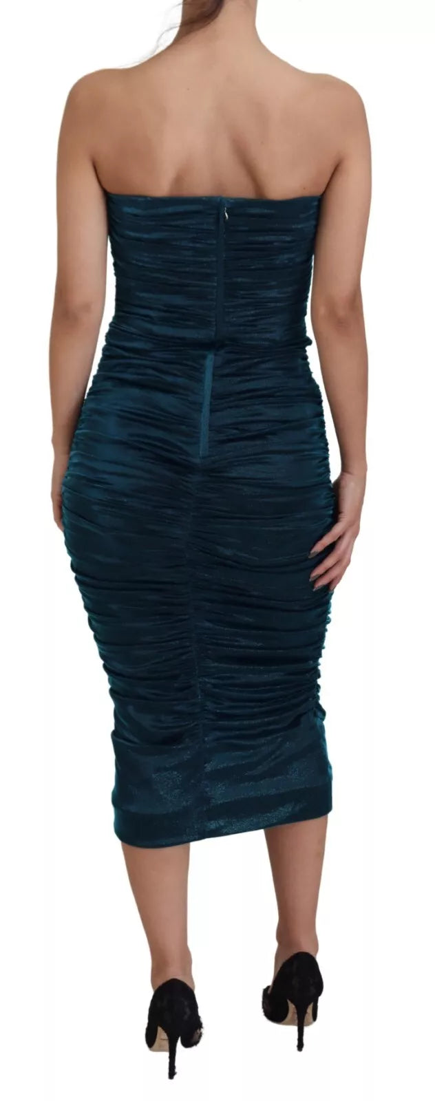 Dolce & Gabbana Silk Blend Blue Satin Fitted Strapless Dress