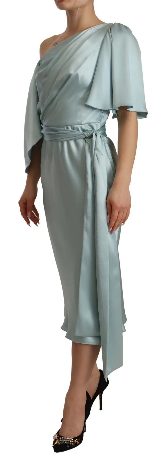 Μίντι φόρεμα Dolce &amp; Gabbana Silk Mint Green Fit Cut One Shoulder