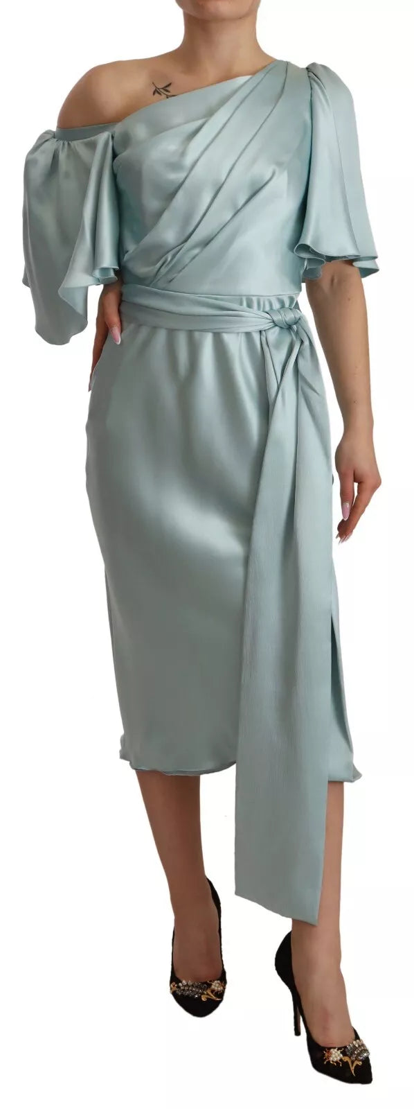 Μίντι φόρεμα Dolce &amp; Gabbana Silk Mint Green Fit Cut One Shoulder