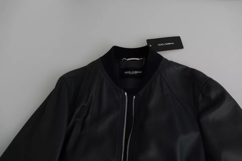 Dolce &amp; Gabbana Μαύρο Δερμάτινο Ανδρικό Μπουφάν Bomber Full Zip