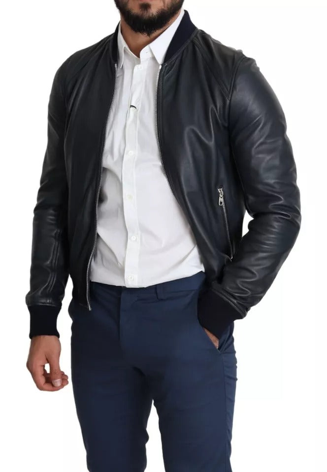 Dolce &amp; Gabbana Μαύρο Δερμάτινο Ανδρικό Μπουφάν Bomber Full Zip