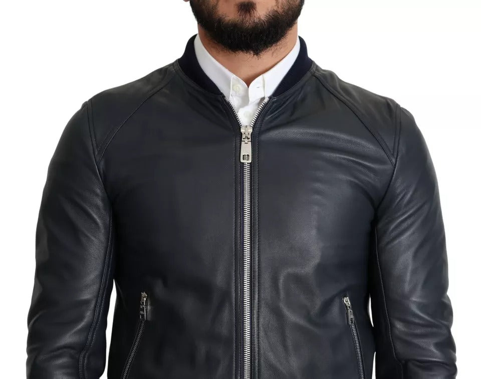 Dolce &amp; Gabbana Μαύρο Δερμάτινο Ανδρικό Μπουφάν Bomber Full Zip