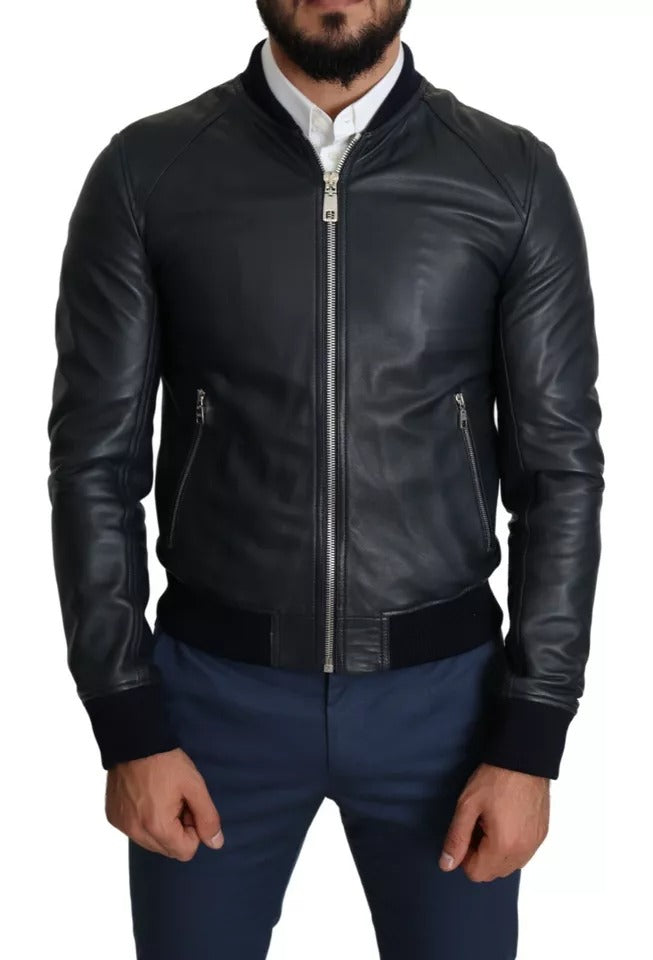 Dolce &amp; Gabbana Μαύρο Δερμάτινο Ανδρικό Μπουφάν Bomber Full Zip