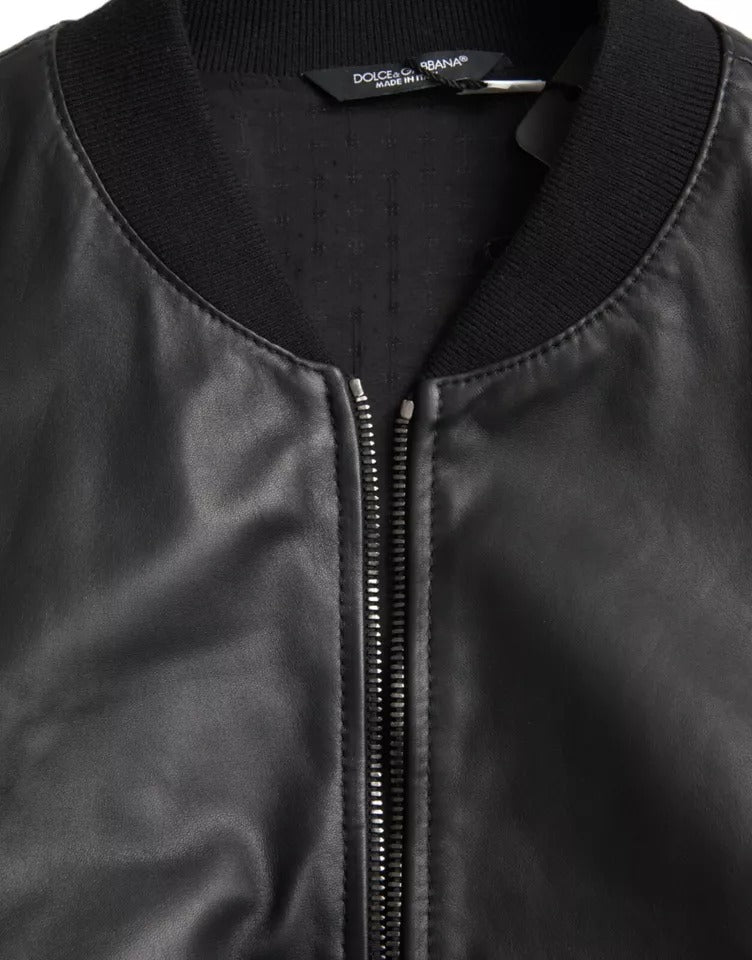 Dolce &amp; Gabbana Black Bomber Δερμάτινο Full Zip Biker Blouson Jacket