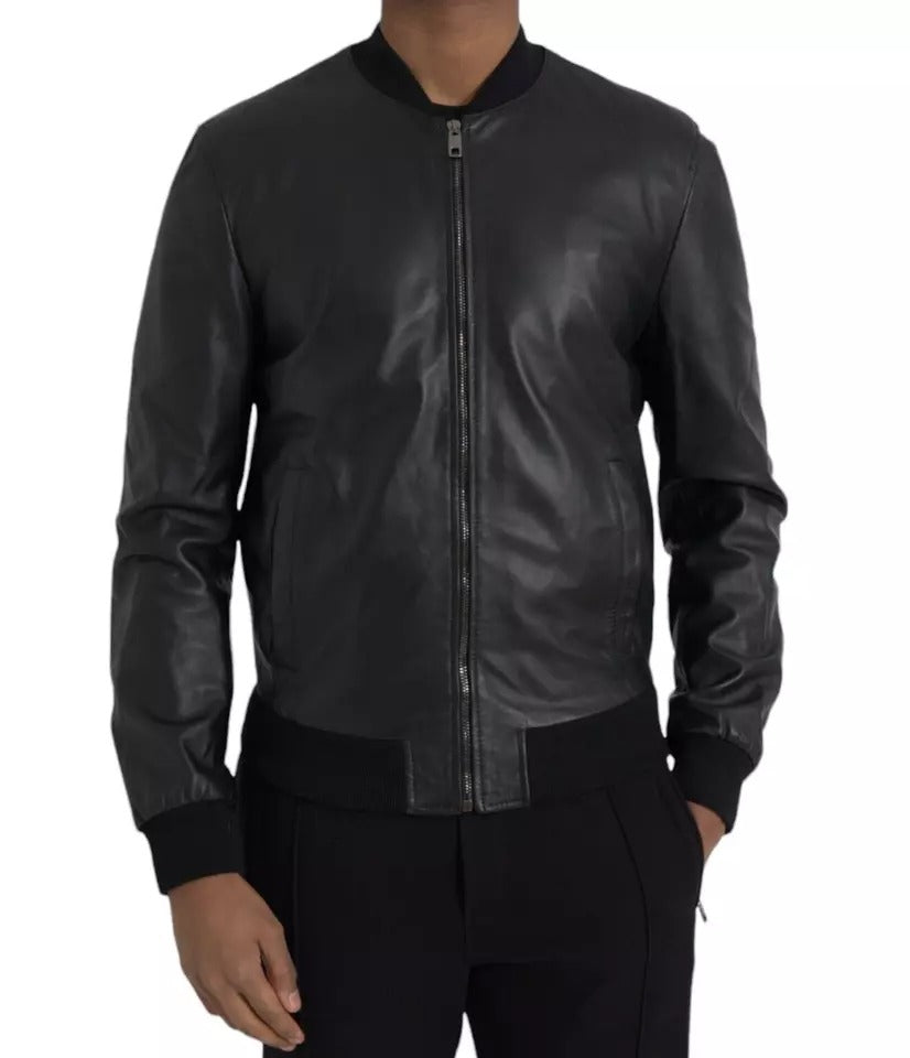 Dolce &amp; Gabbana Black Bomber Δερμάτινο Full Zip Biker Blouson Jacket