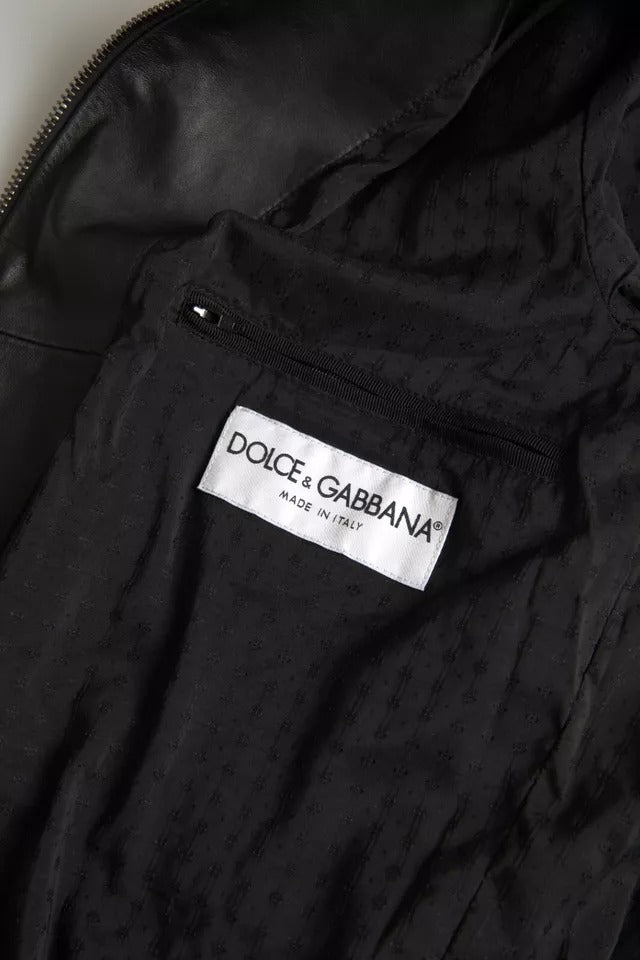 Dolce &amp; Gabbana Black Bomber Δερμάτινο Full Zip Biker Blouson Jacket