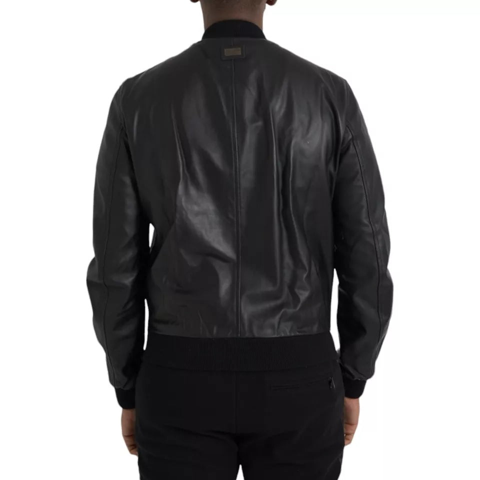 Dolce &amp; Gabbana Black Bomber Δερμάτινο Full Zip Biker Blouson Jacket