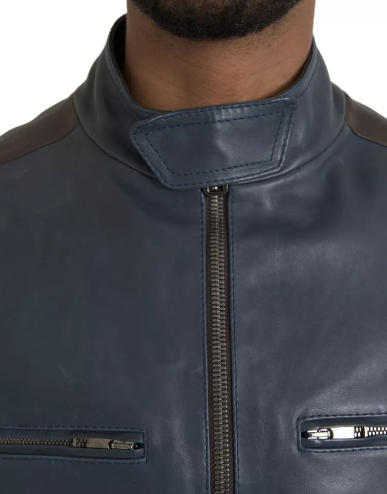 Dolce &amp; Gabbana μπλε δερμάτινο μπουφάν Biker Blouson Full Zip