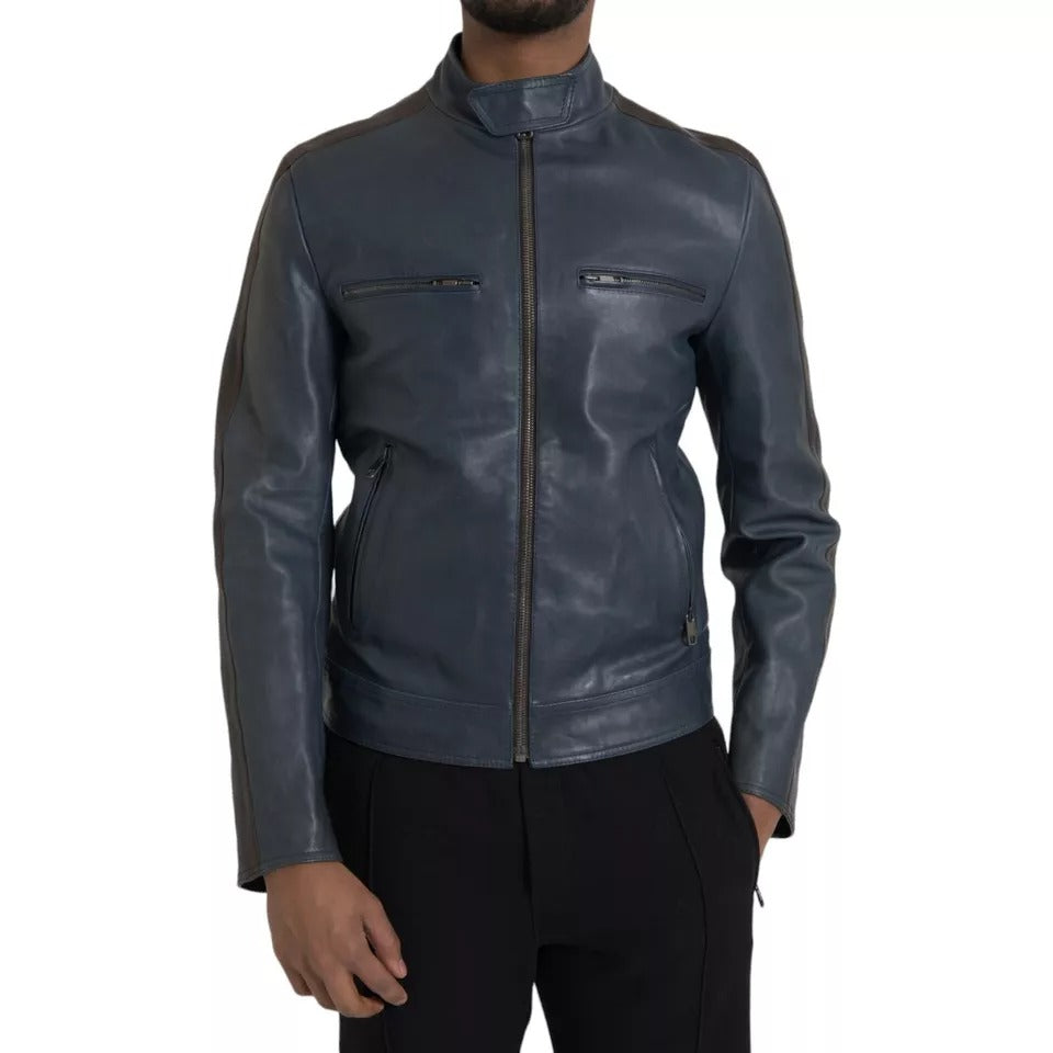 Dolce &amp; Gabbana μπλε δερμάτινο μπουφάν Biker Blouson Full Zip