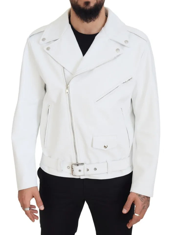 Μπουφάν με φερμουάρ Dolce & Gabbana White Leather Biker Coat