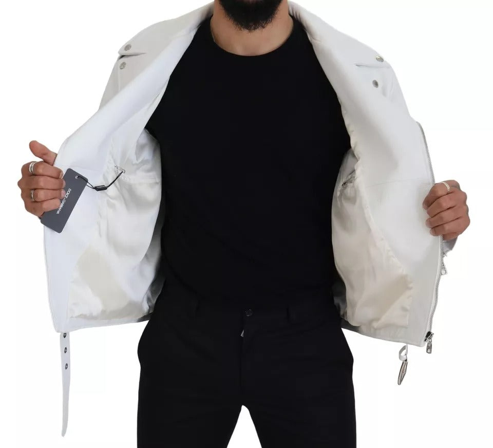 Μπουφάν με φερμουάρ Dolce & Gabbana White Leather Biker Coat