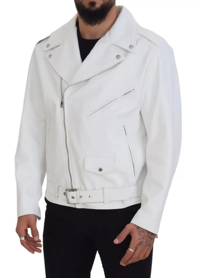 Μπουφάν με φερμουάρ Dolce & Gabbana White Leather Biker Coat