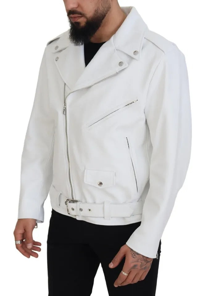 Μπουφάν με φερμουάρ Dolce & Gabbana White Leather Biker Coat