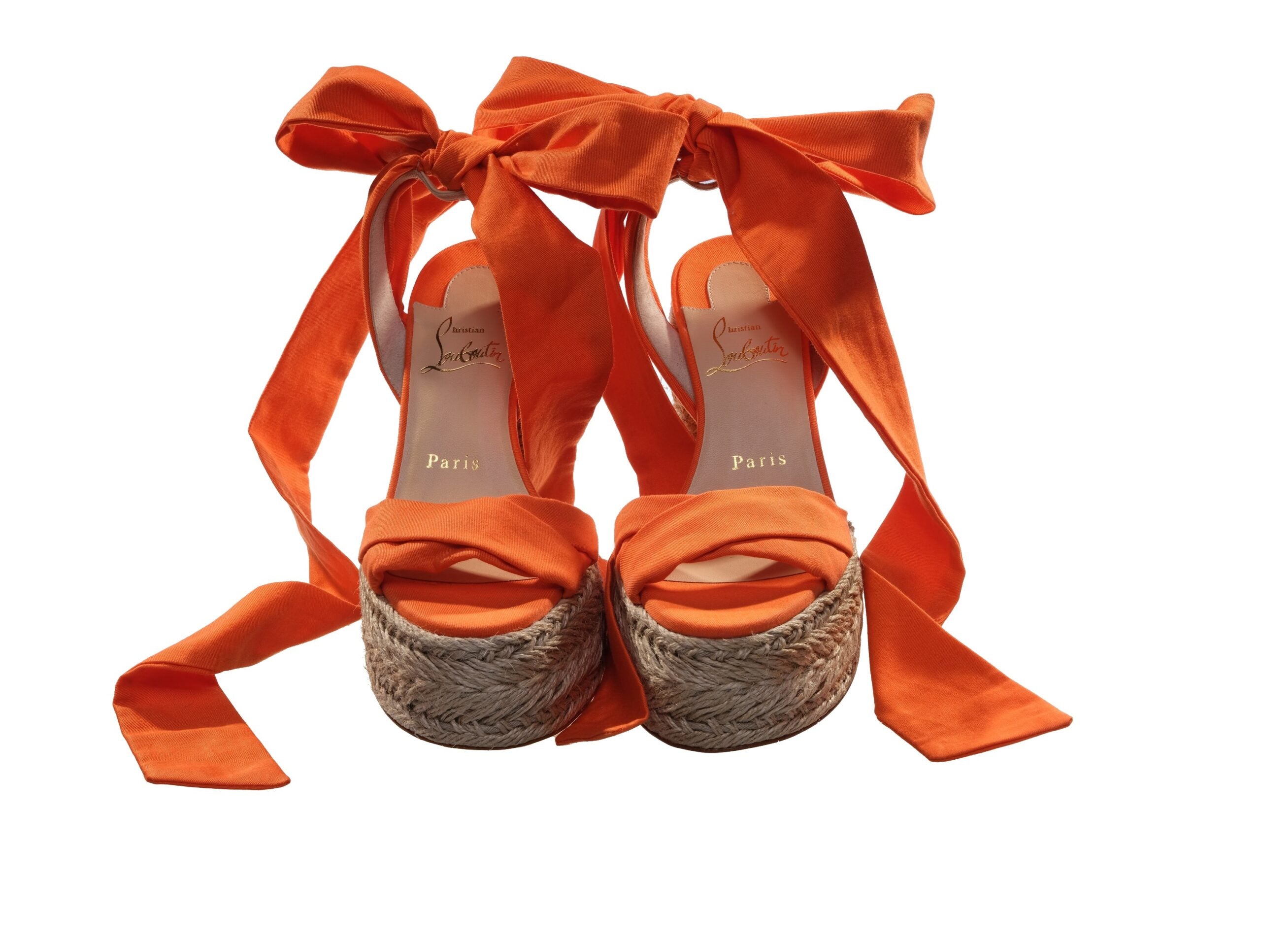 Christian Louboutin Mariza du Desert Orange και φυσικός αστράγαλος που τυλίγεται γύρω από σφήνες με ψηλό τακούνι