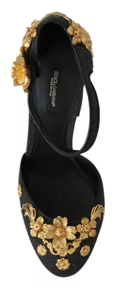 Παπούτσια Dolce & Gabbana Black Floral Angel απλικέ Ankle Strap Pumps