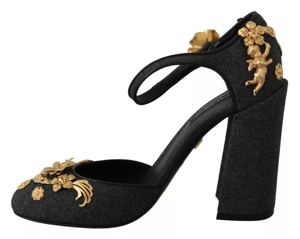 Παπούτσια Dolce & Gabbana Black Floral Angel απλικέ Ankle Strap Pumps