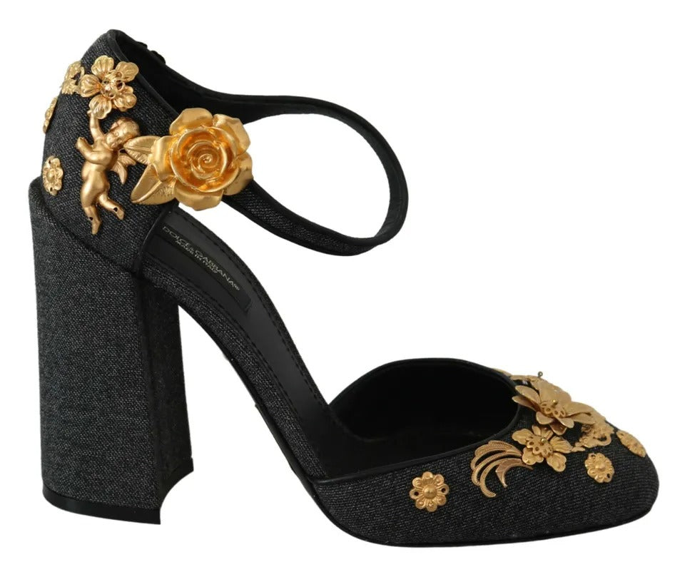 Παπούτσια Dolce & Gabbana Black Floral Angel απλικέ Ankle Strap Pumps