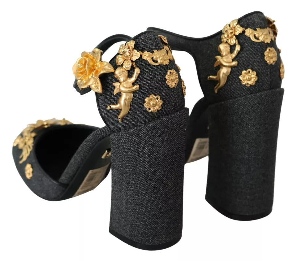 Παπούτσια Dolce & Gabbana Black Floral Angel απλικέ Ankle Strap Pumps